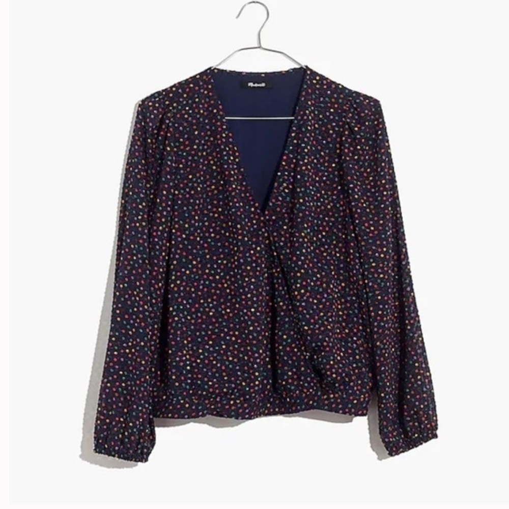 Madewell Navy Polka Dot Wrap Blouse with Multicolor Dots